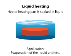 Liquid heating - Heater heating part is soaked in liquid. Application: Evaporation of the liquid and etc.