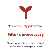 Nature friendly purification - Filter unnecessary. Maintenance free - No medical industrial waste generated.